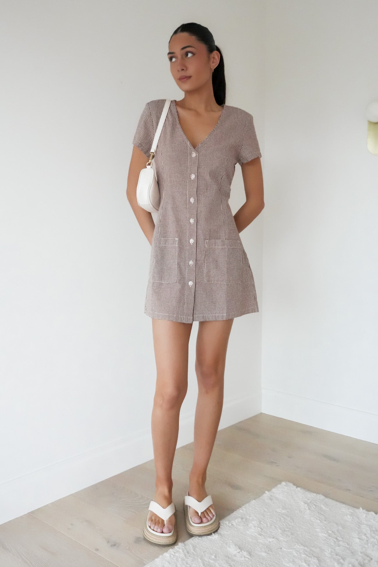 London Check Button Front Mini Dress Chocolate