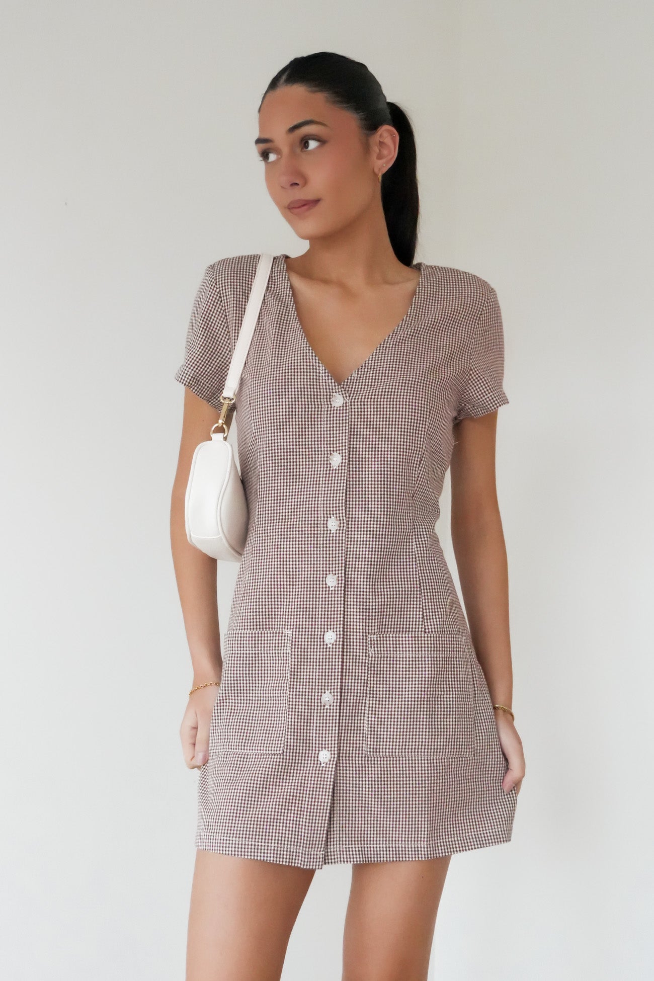 London Check Button Front Mini Dress Chocolate