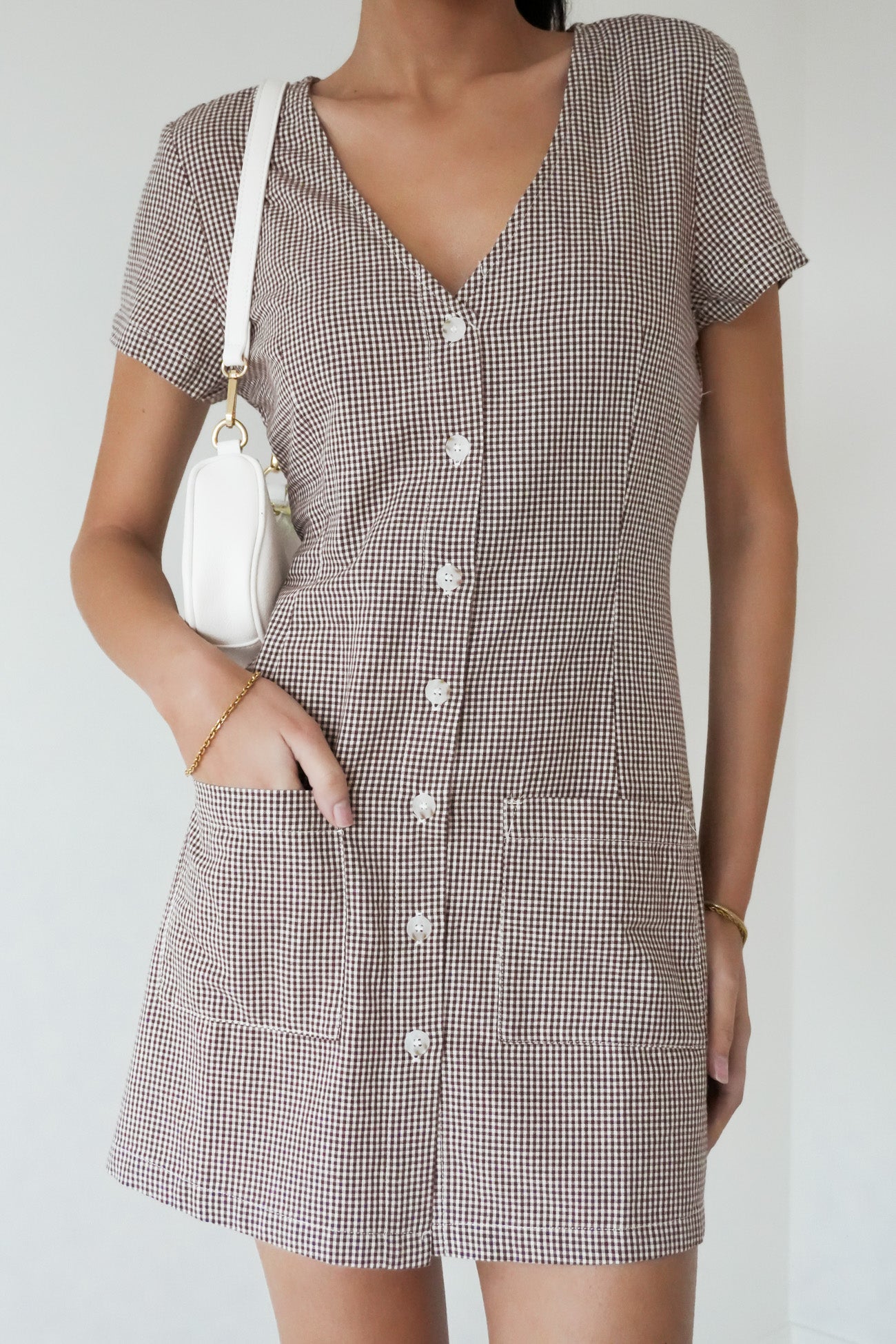 London Check Button Front Mini Dress Chocolate