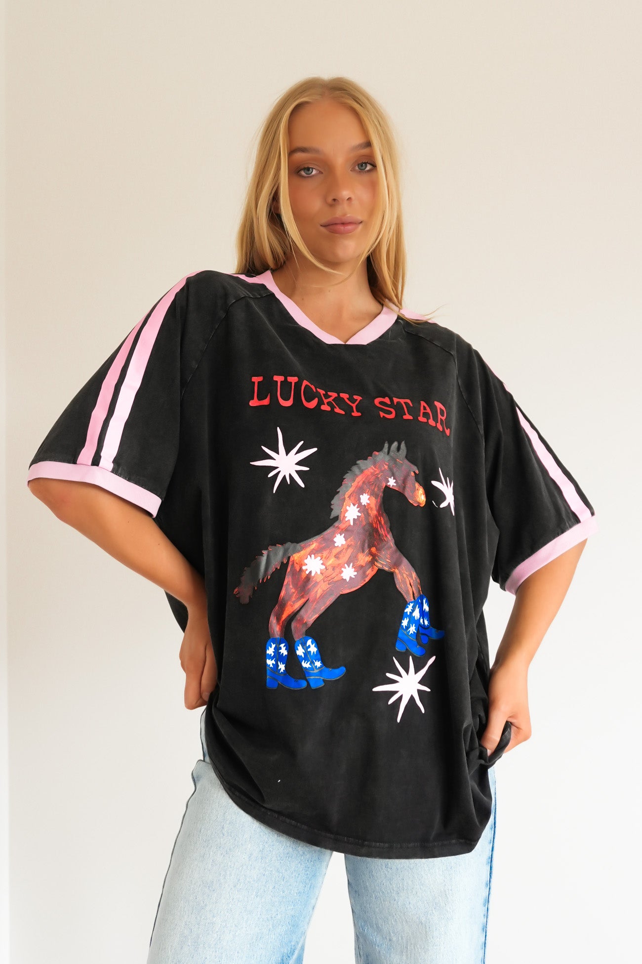 Lucky Star Tee Black Acid Wash
