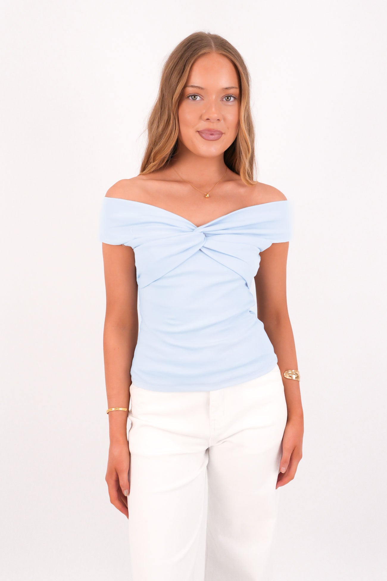 Luxe Knot Off The Shoulder Top Blue