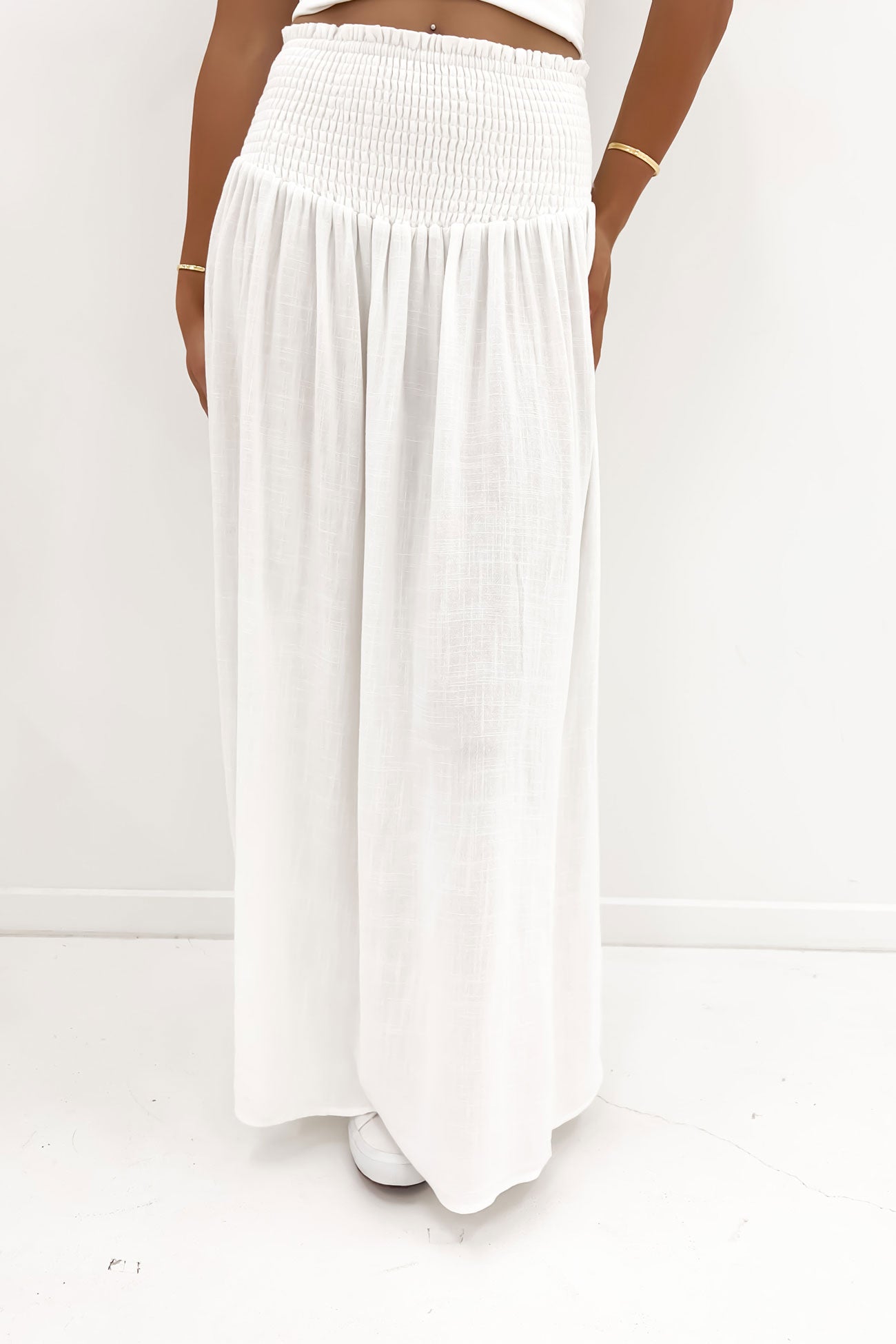 Luxe Linen Shirred Maxi Skirt Vintage White