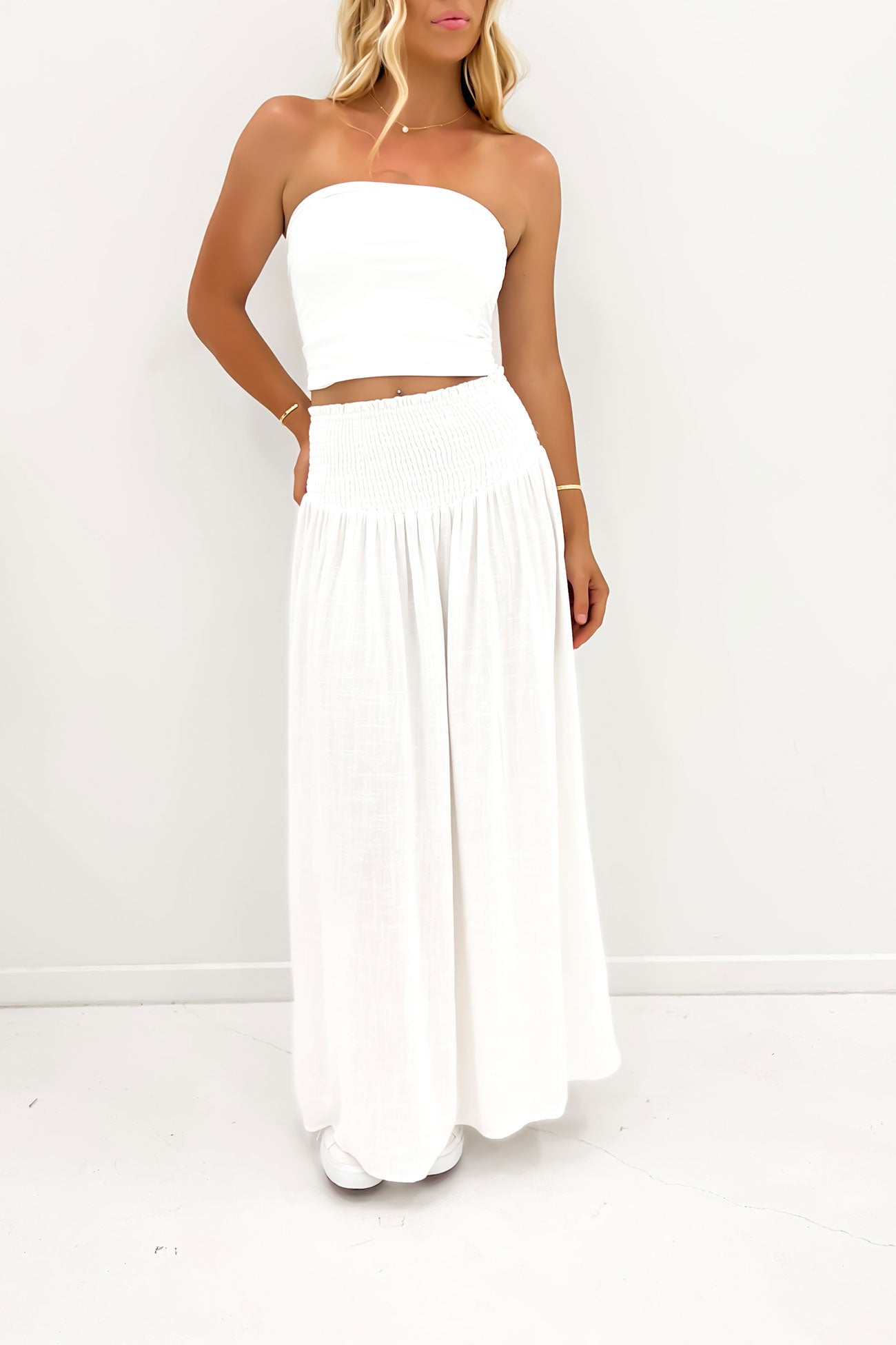 Luxe Linen Shirred Maxi Skirt Vintage White