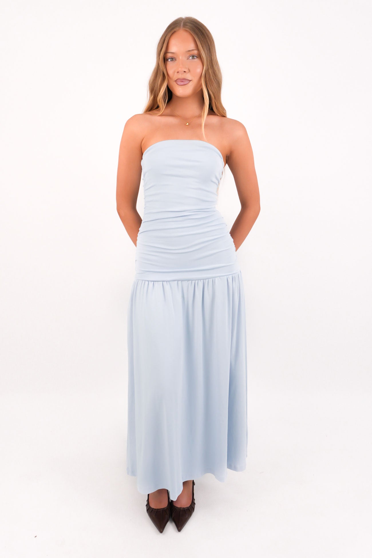 Luxe Strapless Ruched Maxi Dress Blue