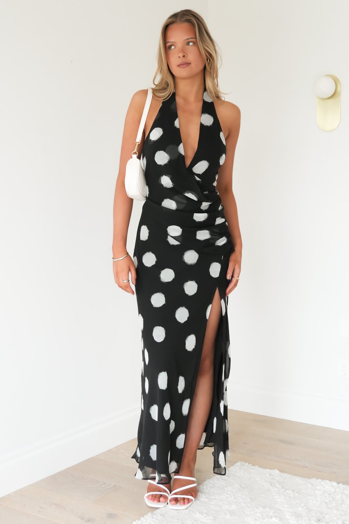 Micala Halter Maxi Dress Black White Polka Dot