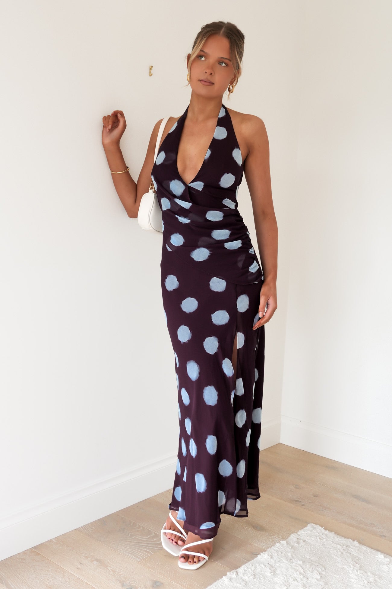 Micala Halter Maxi Dress Plum Blue Polka Dot