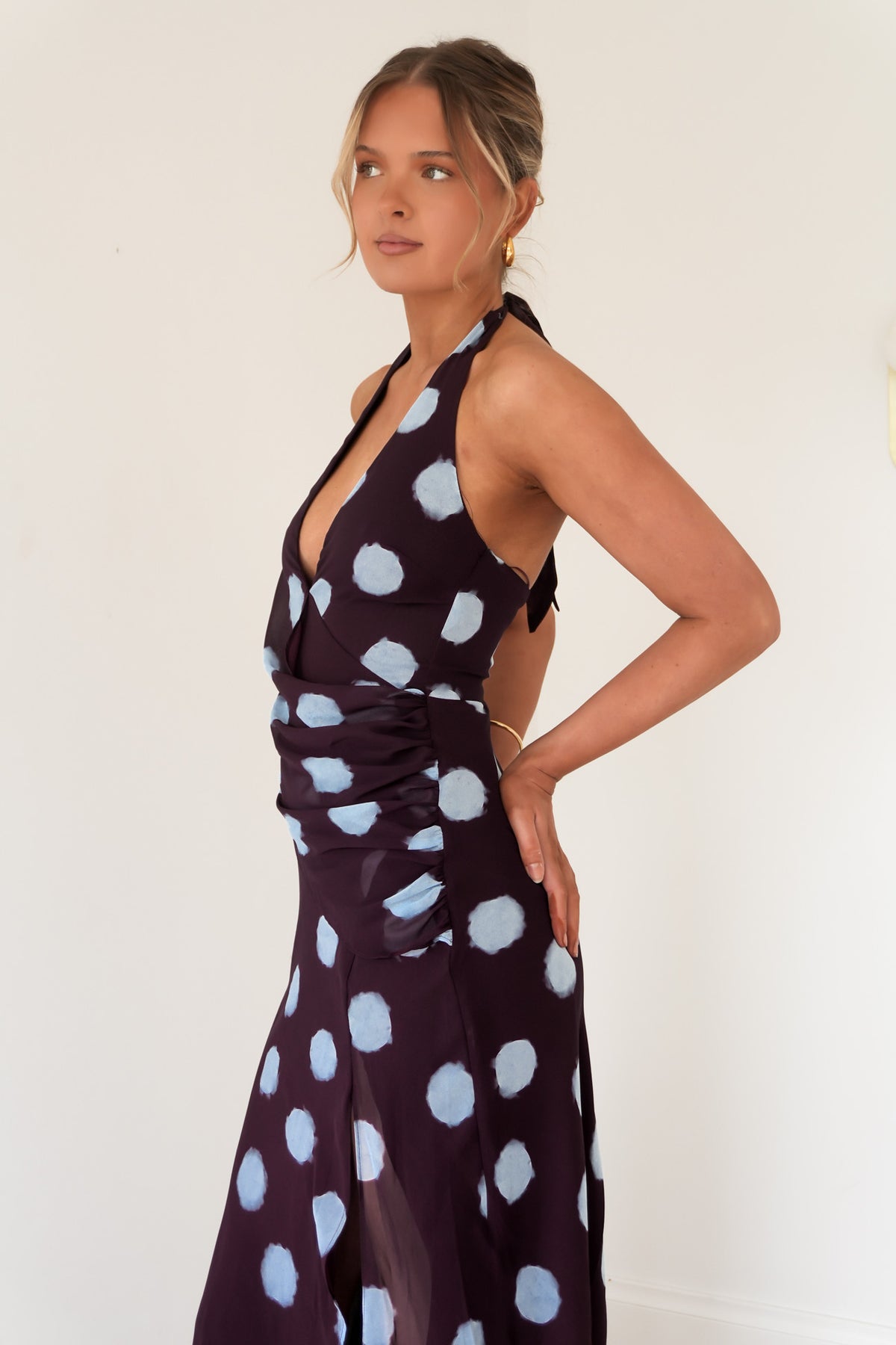 Micala Halter Maxi Dress Plum Blue Polka Dot