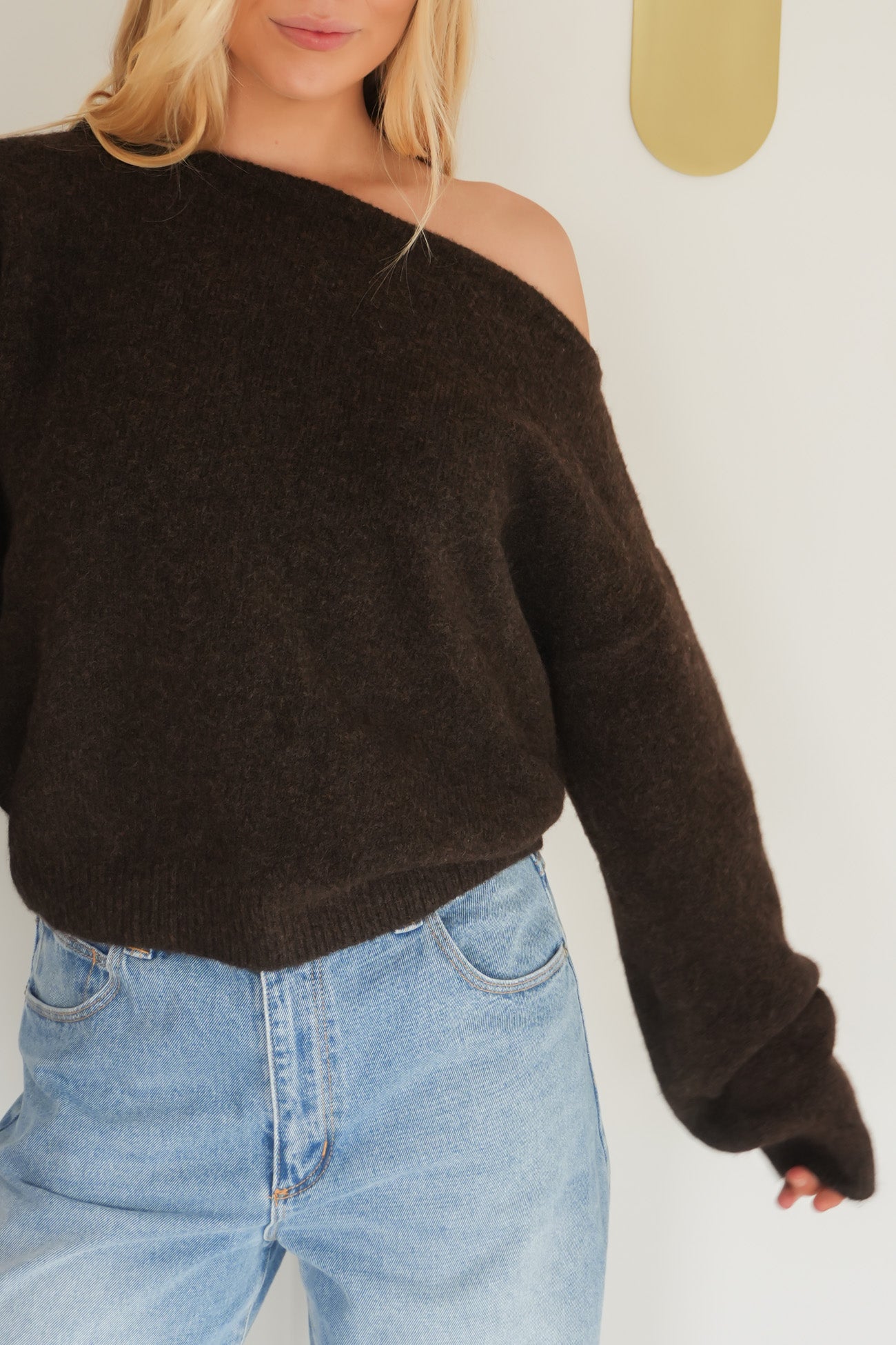Off Shoulder Knit Jumper Chocolate