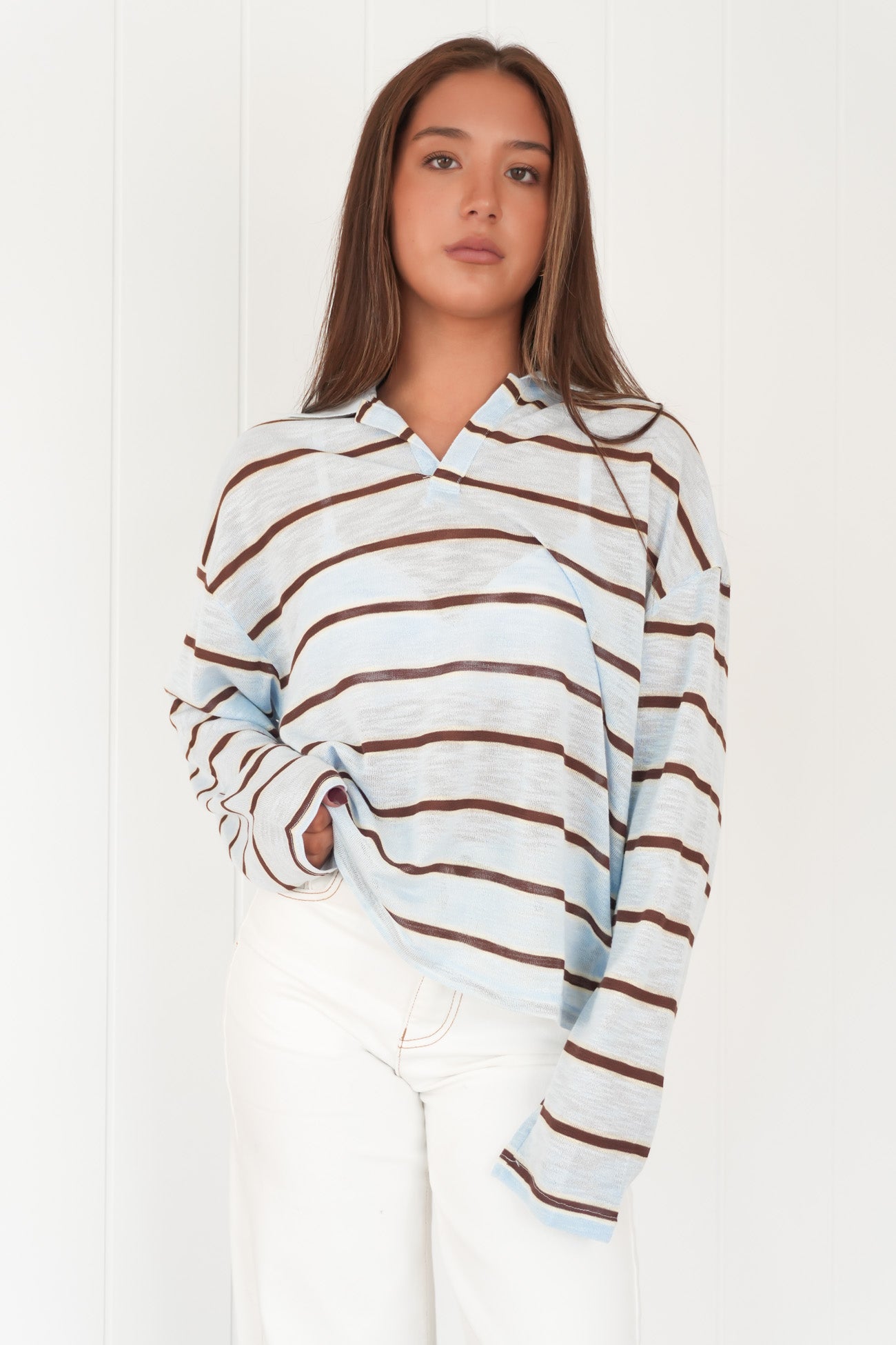 Romie Long Sleeve Polo Blue Chocolate Stripe