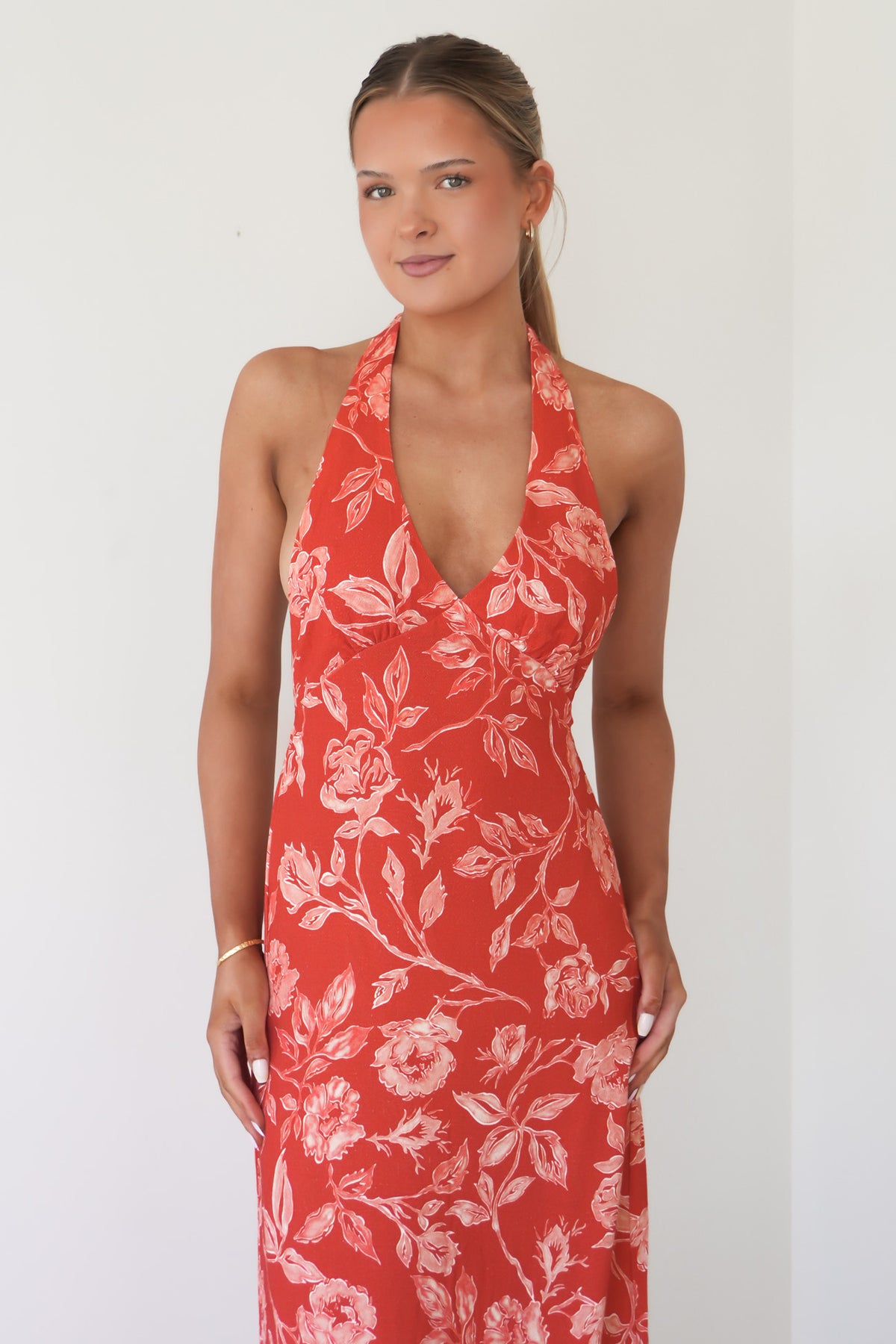 Rosalie Floral Halter Neck Maxi Dress Rose