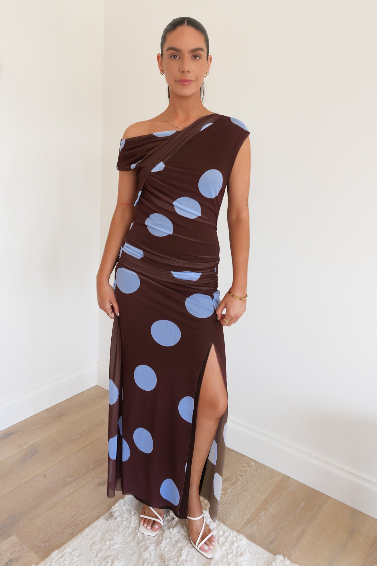 Sabina Maxi Dress Chocolate Blue Polka Dot