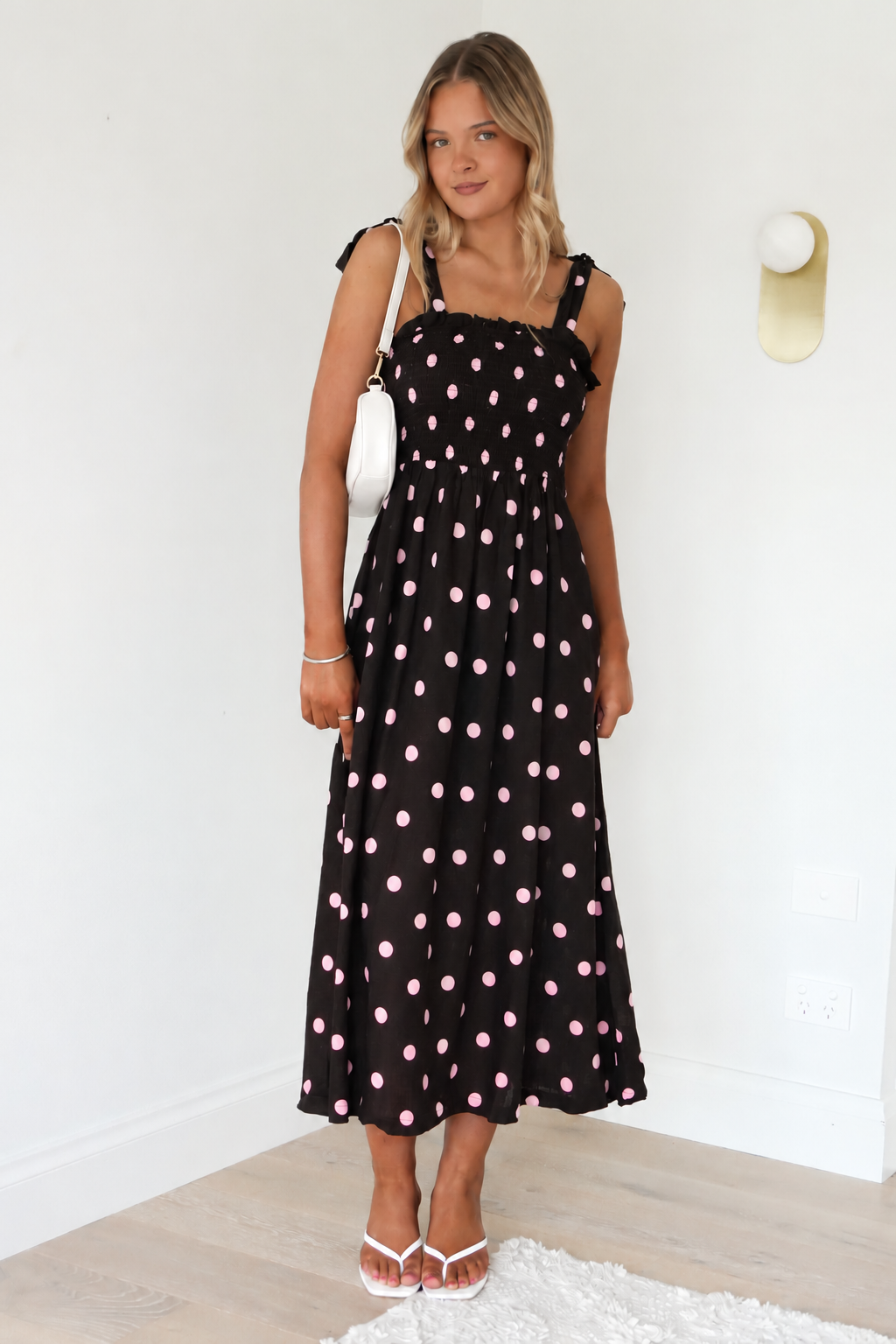 Shirred Maxi Dress Pink Chocolate Polka Dot
