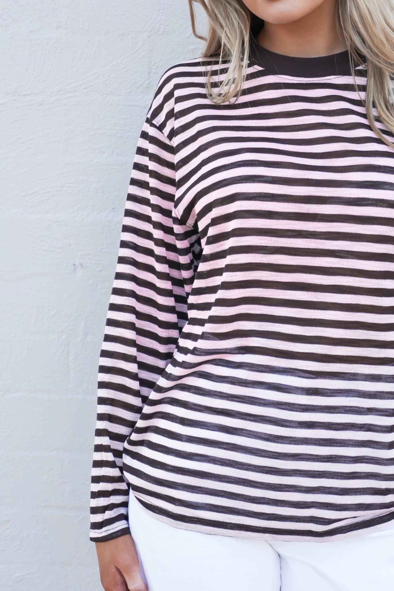 Sophia Long Sleeve Tee Chocolate Pink Stripe
