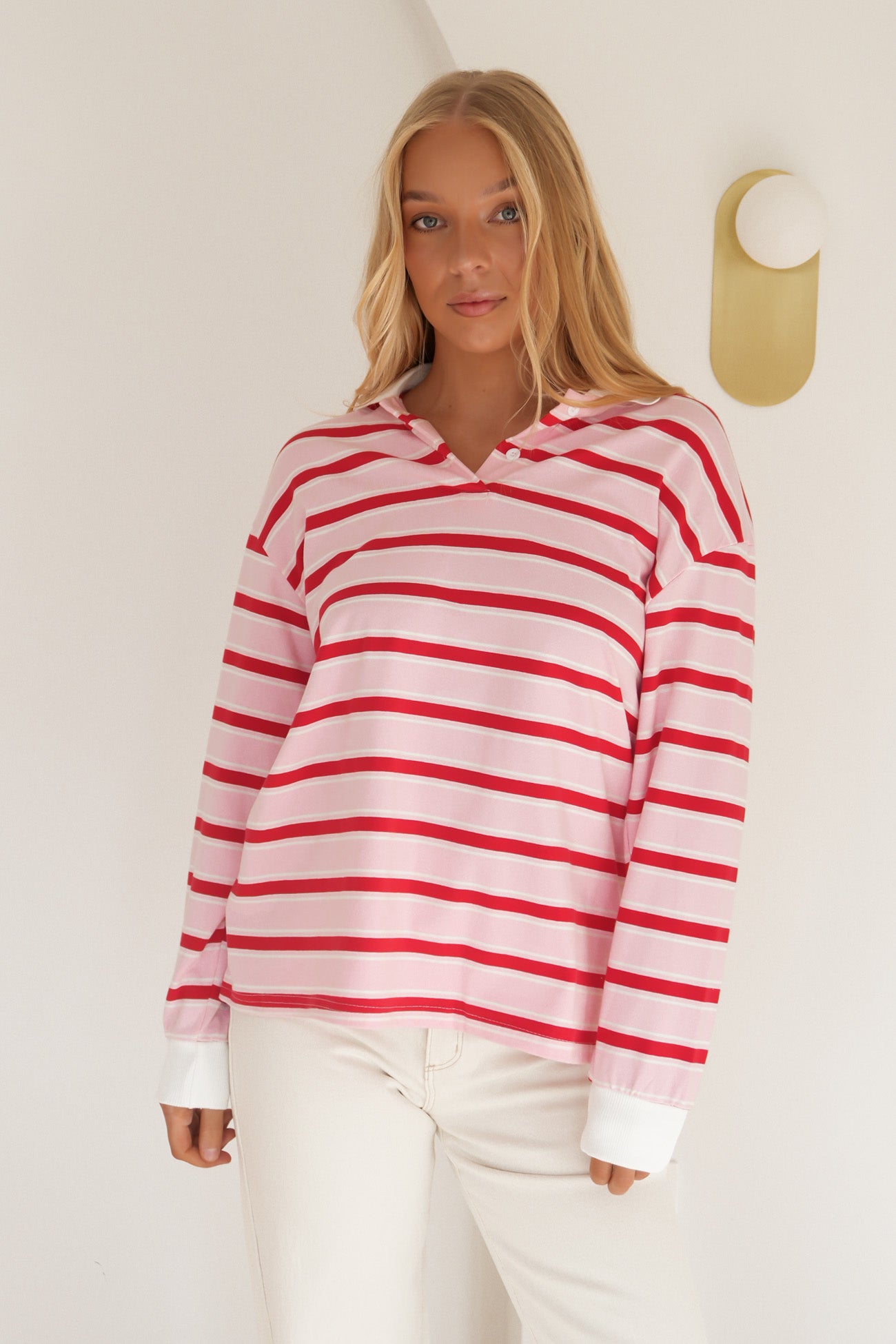 Tannah Rugby Top Pink Red Stripe