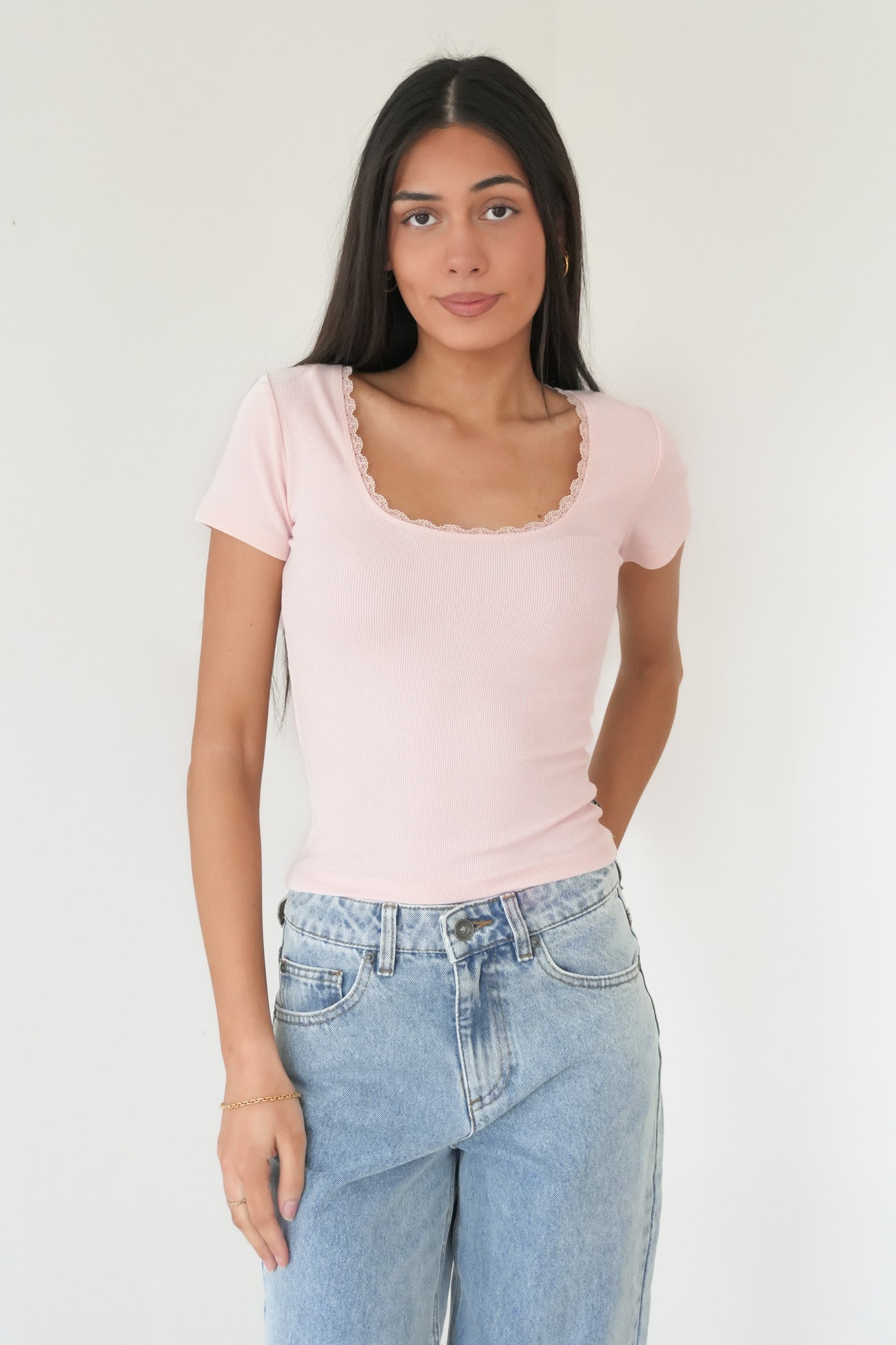 Washed Rib Lace Scoop Neck Tee Pale Pink