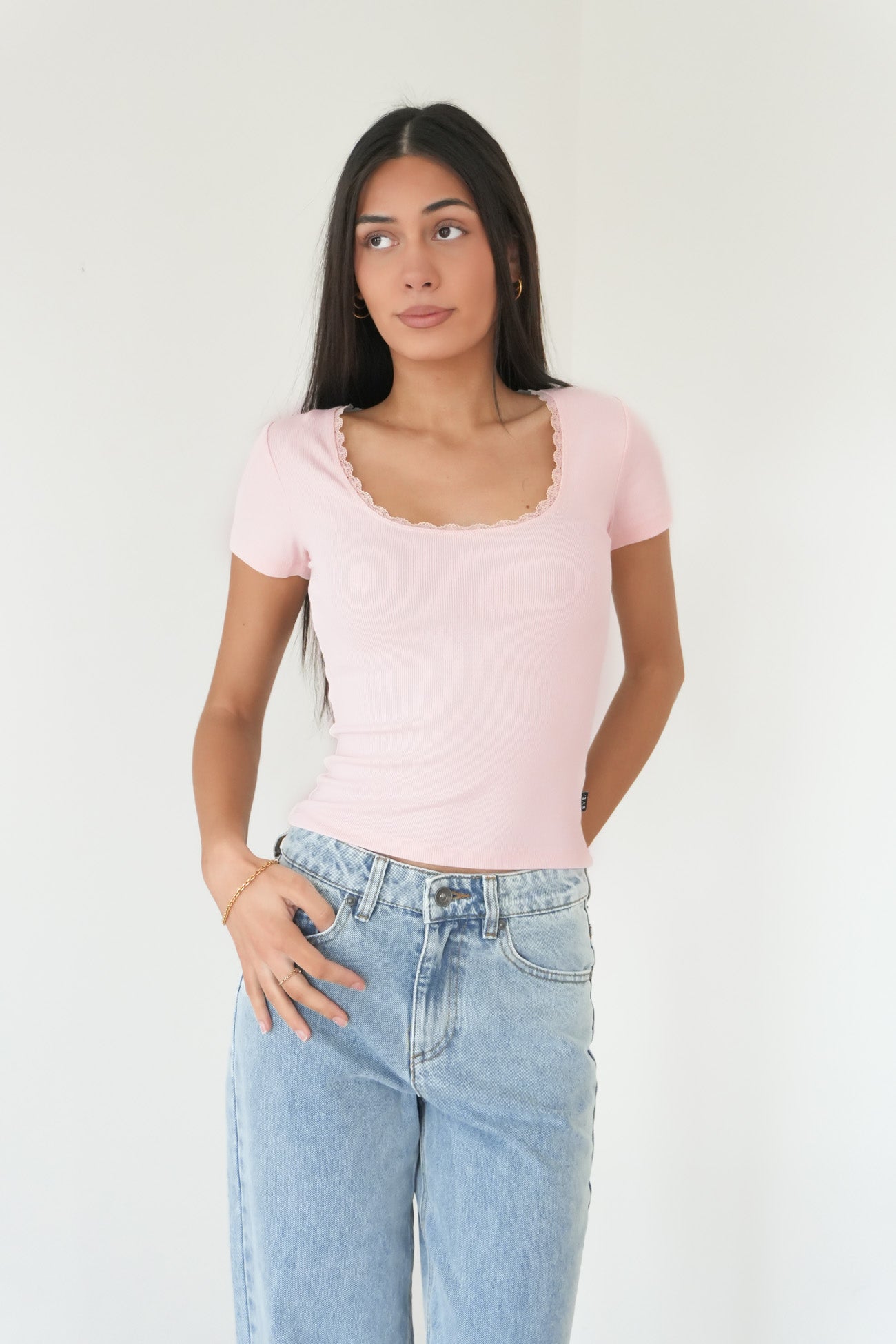 Washed Rib Lace Scoop Neck Tee Pale Pink