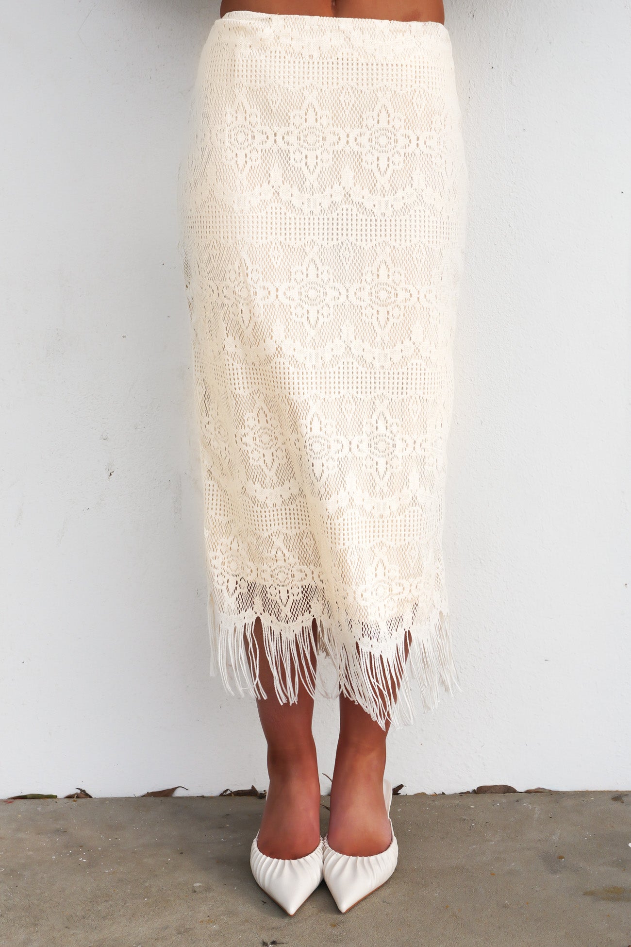 Zarlee Lace Fringe Midi Skirt Ivory