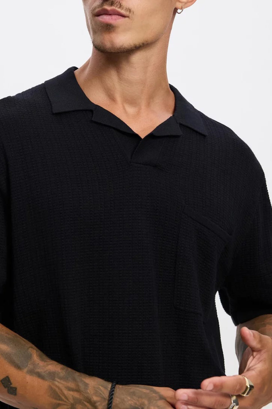Textured Knit Johnny Polo Black