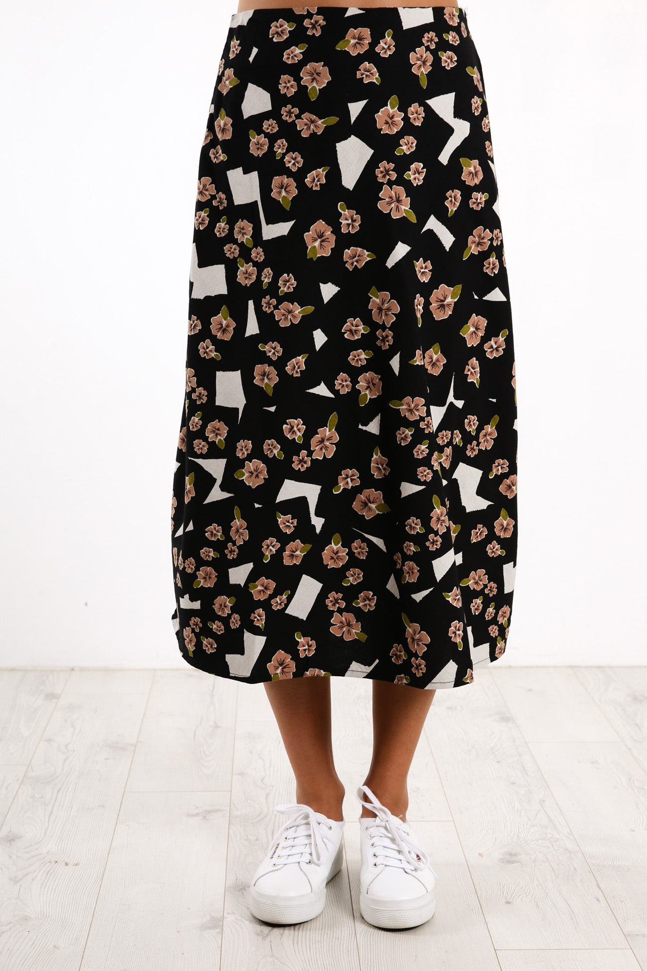 Floral Pop Midi Skirt Black