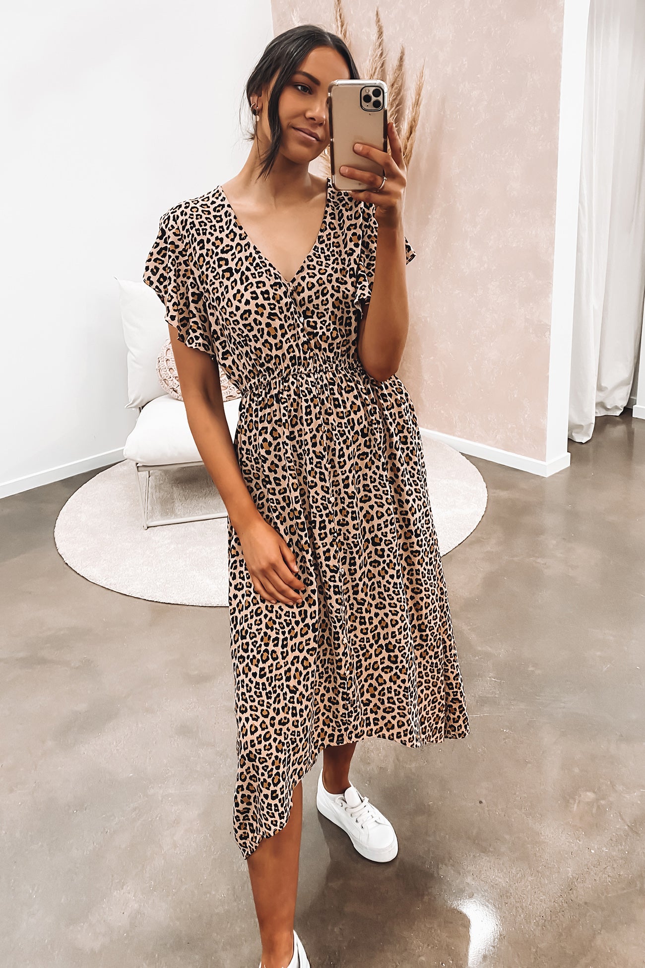 Jemima Midi Dress Tan Leopard