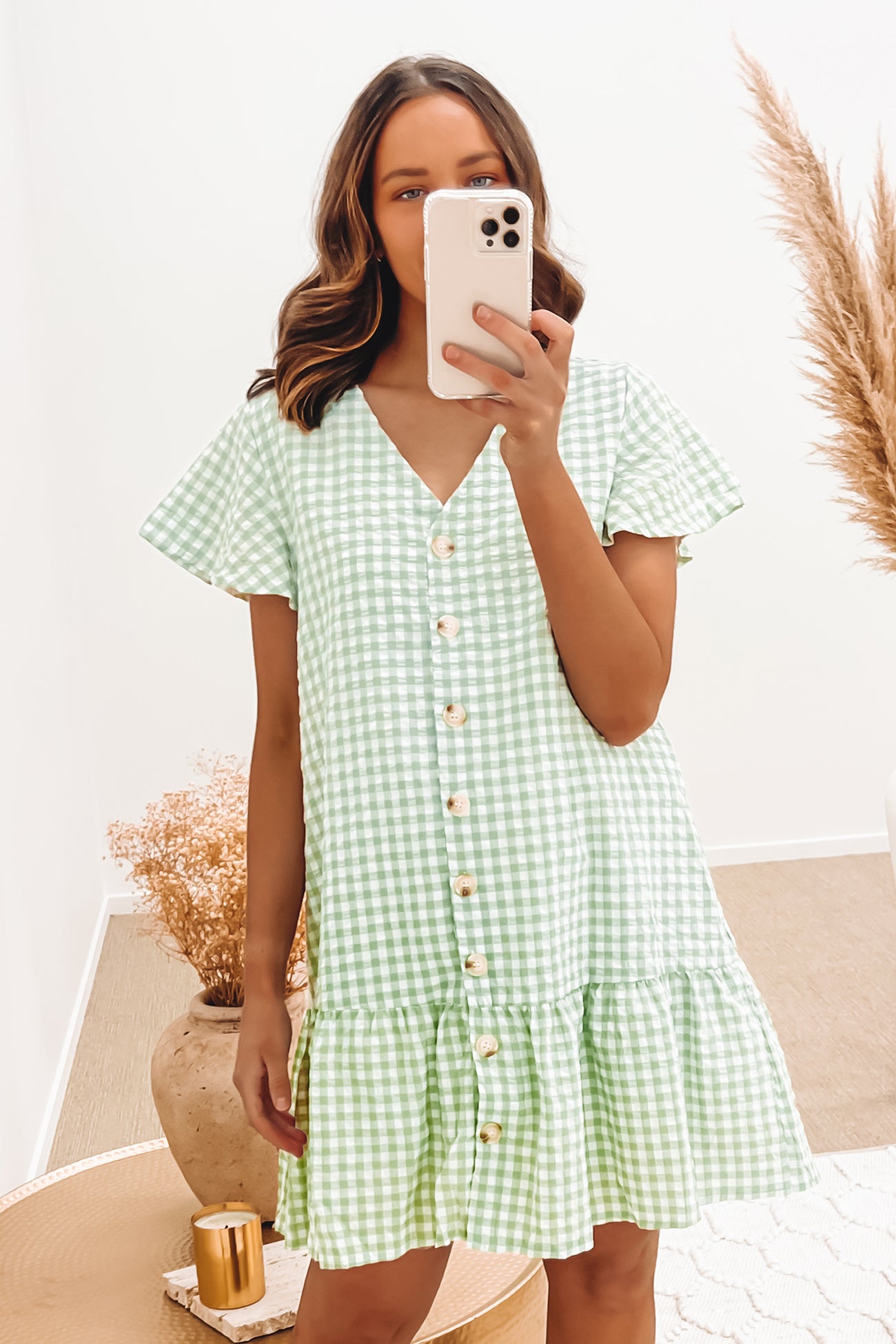 Lyra Mini Dress Sage Gingham