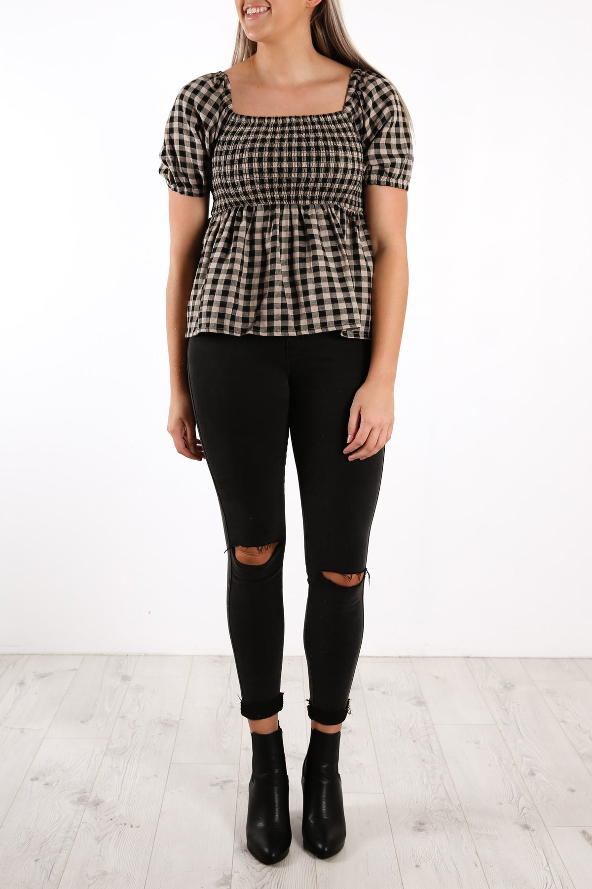 Millie Check Top Black Tan