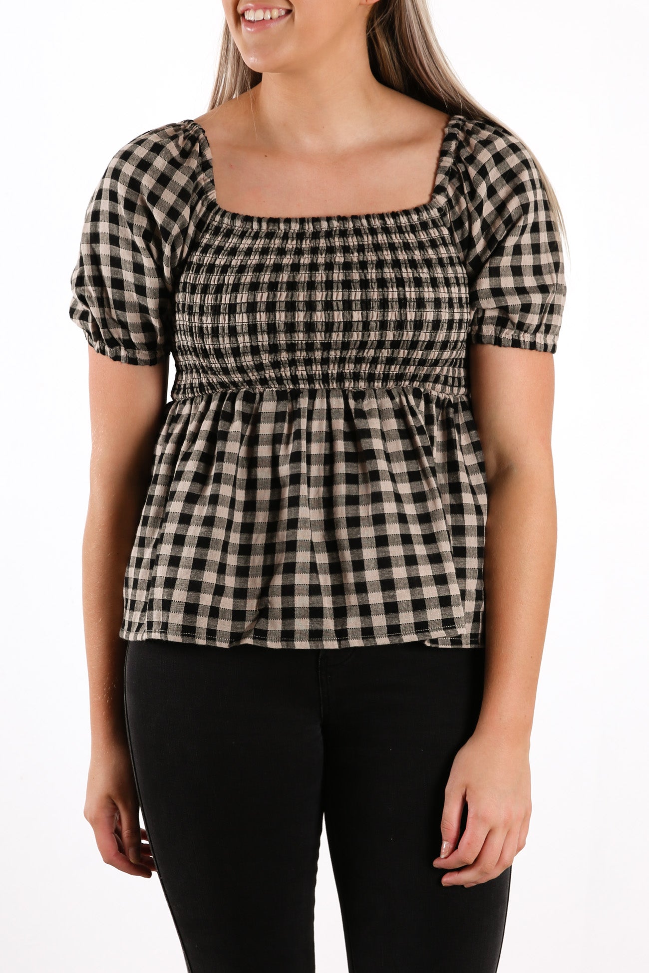 Millie Check Top Black Tan