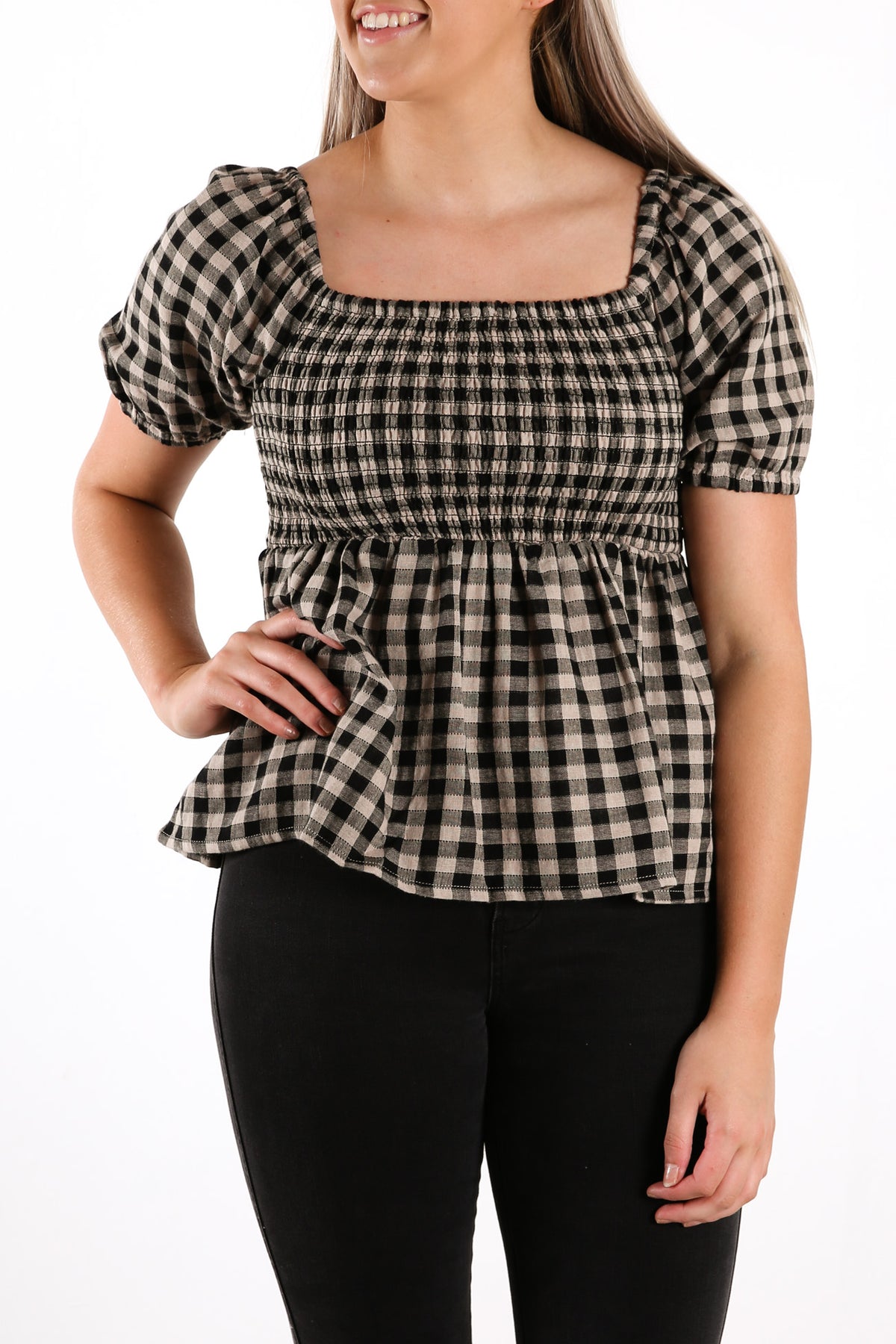 Millie Check Top Black Tan