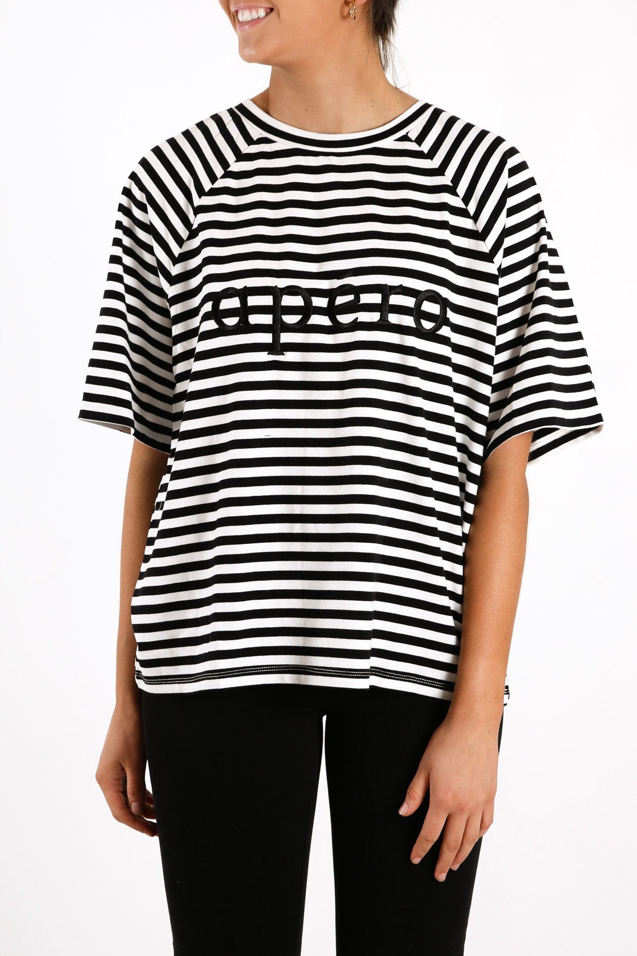 Pia Stripe Embroidered Oversized Tee Black White Stripe