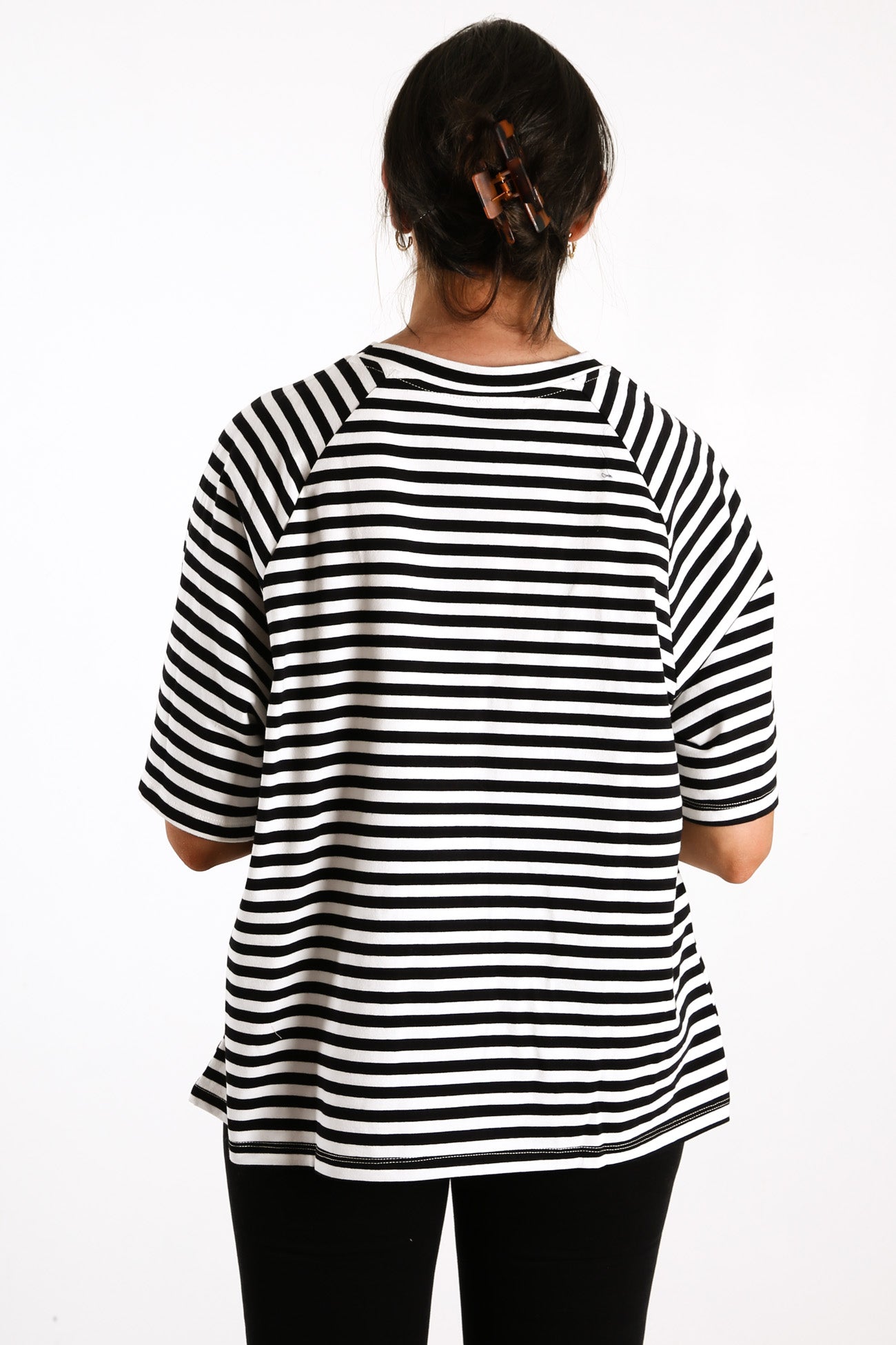 Pia Stripe Embroidered Oversized Tee Black White Stripe