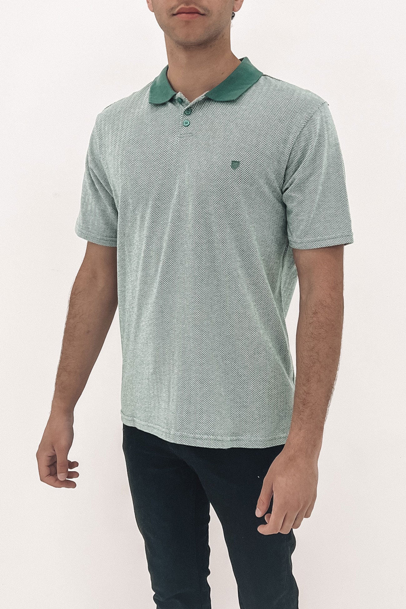 Shield Herringbone Short Sleeve Polo Knit Dark Forest