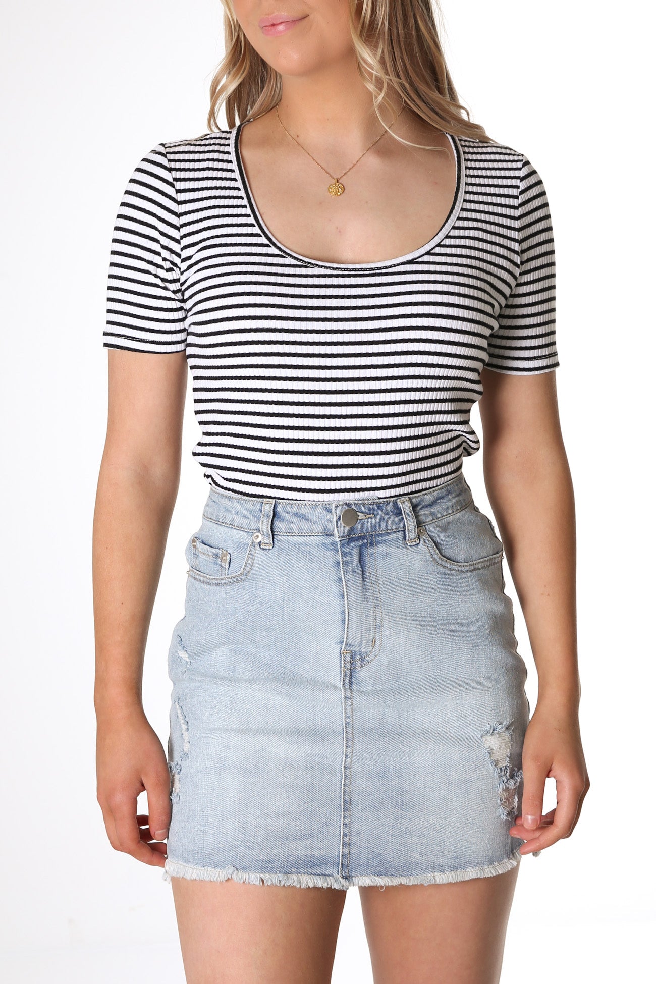Stacey Rib Tee White Black Stripe