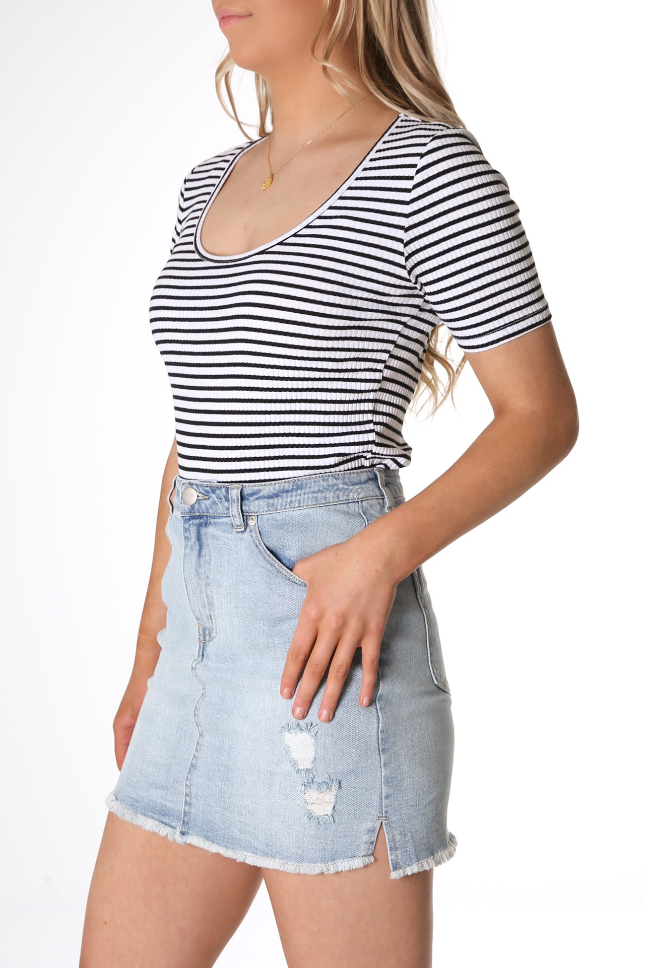 Stacey Rib Tee White Black Stripe